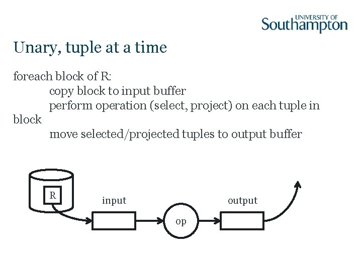 Unary, tuple at a time foreach block of R: copy block to input buffer