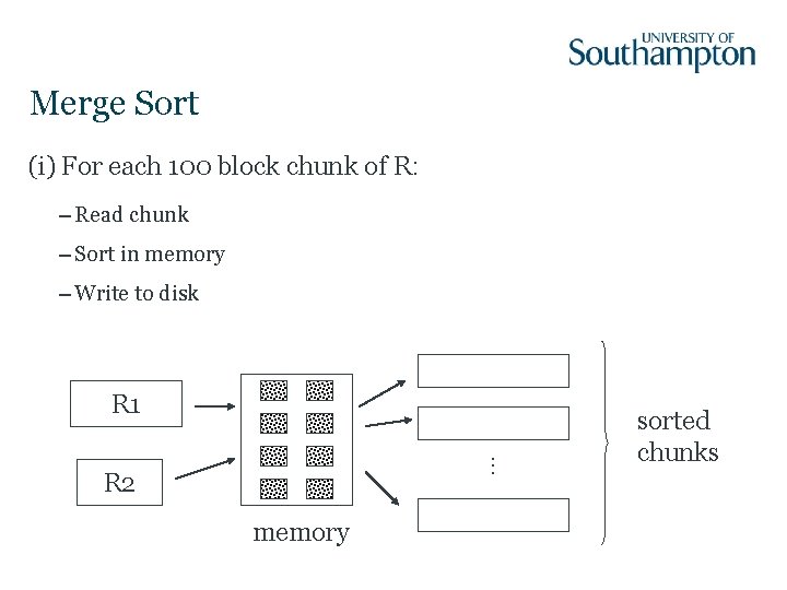 Merge Sort (i) For each 100 block chunk of R: – Read chunk –