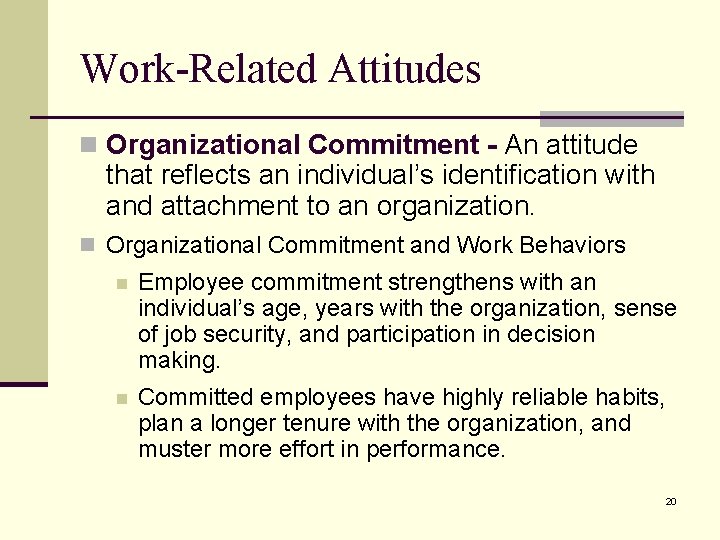 Work-Related Attitudes n Organizational Commitment - An attitude that reflects an individual’s identification with Work-Related Attitudes n Organizational Commitment - An attitude that reflects an individual’s identification with