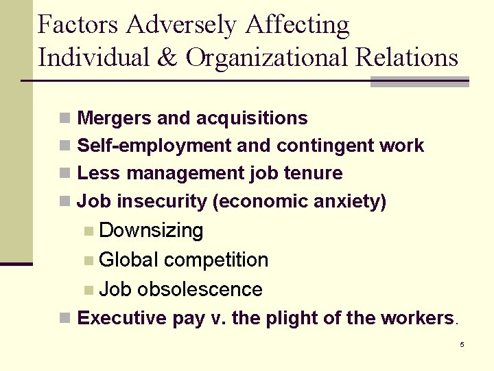 Factors Adversely Affecting Individual & Organizational Relations n Mergers and acquisitions n Self-employment and Factors Adversely Affecting Individual & Organizational Relations n Mergers and acquisitions n Self-employment and