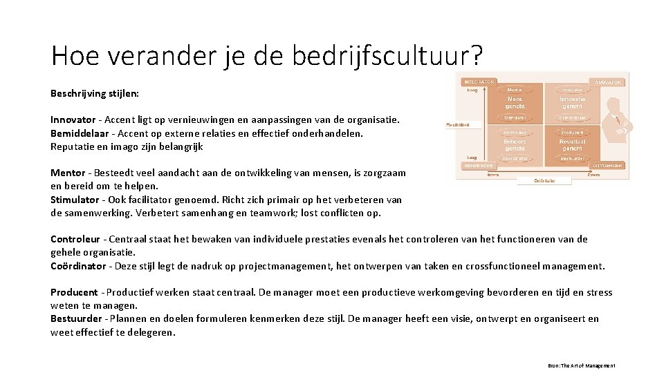 Hoe verander je de bedrijfscultuur? Beschrijving stijlen: Innovator - Accent ligt op vernieuwingen en