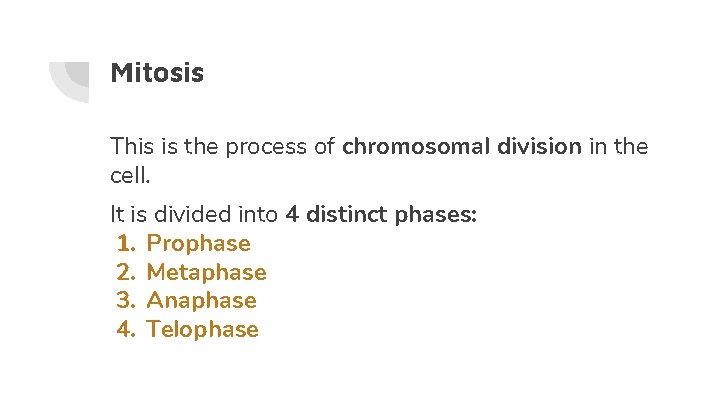 Mitosis This is the process of chromosomal division in the cell. It is divided