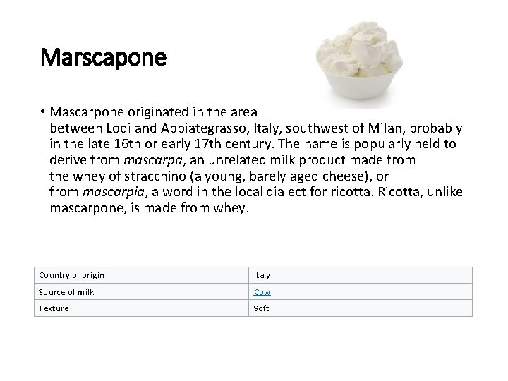 Marscapone • Mascarpone originated in the area between Lodi and Abbiategrasso, Italy, southwest of