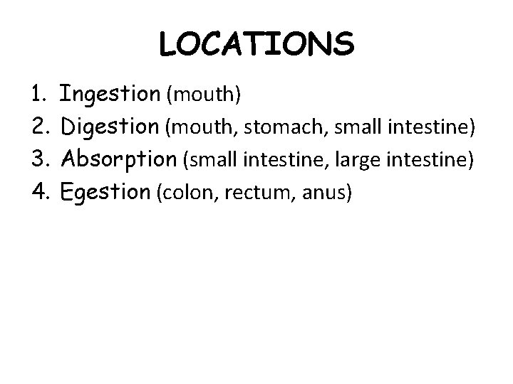 LOCATIONS 1. 2. 3. 4. Ingestion (mouth) Digestion (mouth, stomach, small intestine) Absorption (small