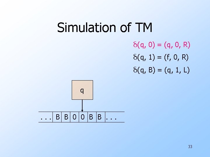 Simulation of TM δ(q, 0) = (q, 0, R) δ(q, 1) = (f, 0,