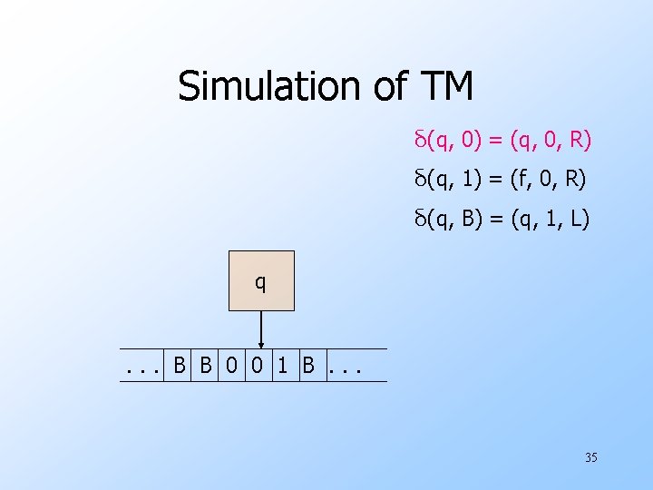 Simulation of TM δ(q, 0) = (q, 0, R) δ(q, 1) = (f, 0,