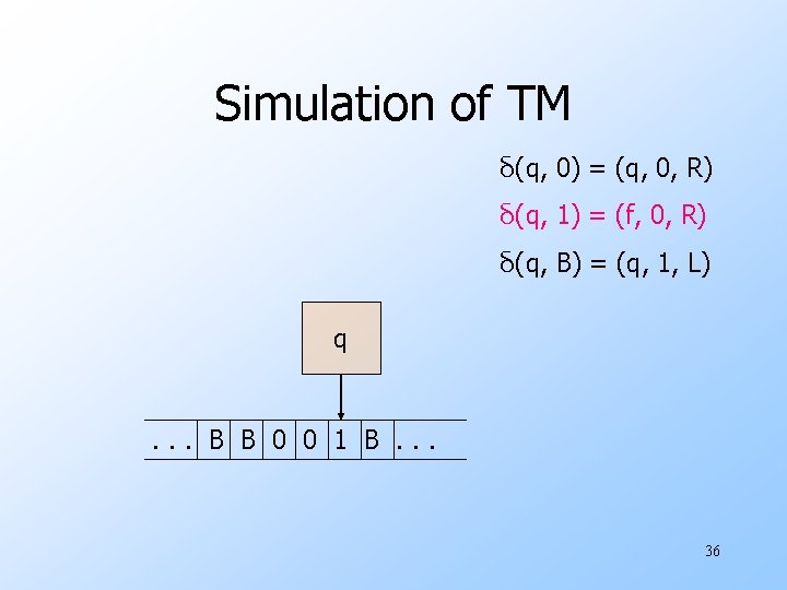 Simulation of TM δ(q, 0) = (q, 0, R) δ(q, 1) = (f, 0,