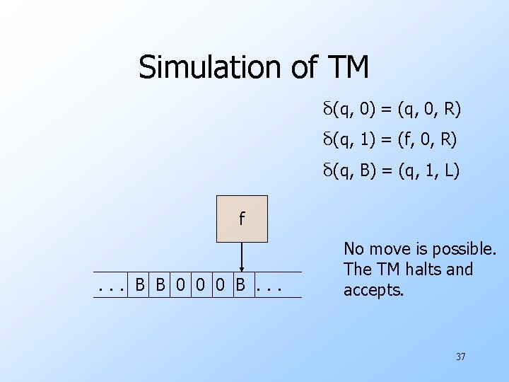 Simulation of TM δ(q, 0) = (q, 0, R) δ(q, 1) = (f, 0,