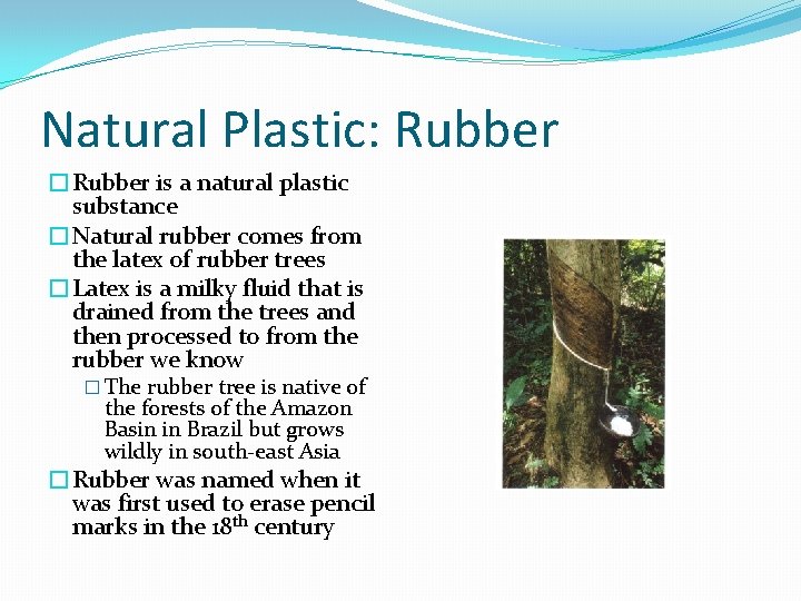 Natural Plastic: Rubber �Rubber is a natural plastic substance �Natural rubber comes from the