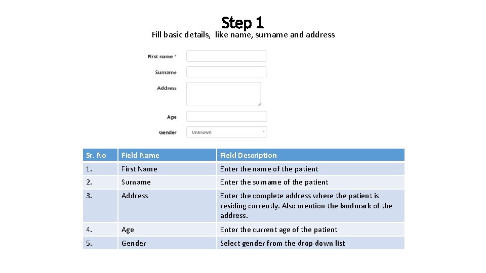 Step 1 Fill basic details, like name, surname and address Sr. No Field Name