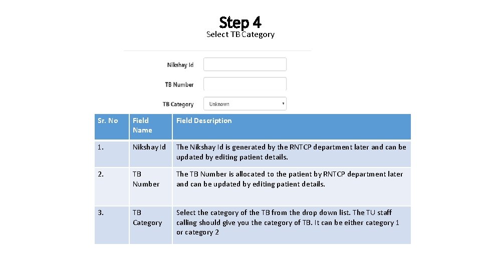 Step 4 Select TB Category Sr. No Field Name Field Description 1. Nikshay Id