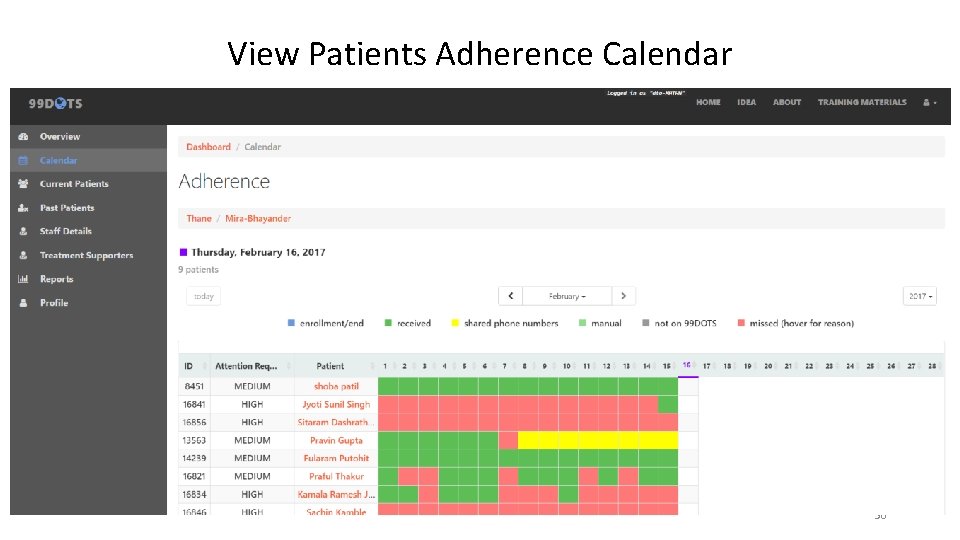 View Patients Adherence Calendar 30 