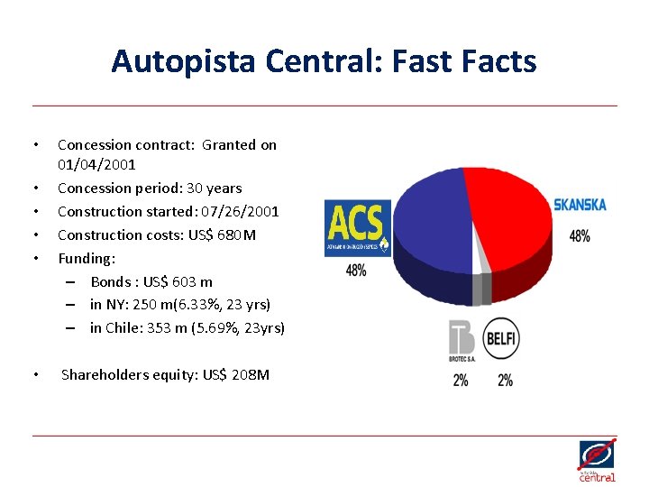 Autopista Central: Fast Facts • • • Concession contract: Granted on 01/04/2001 Concession period: