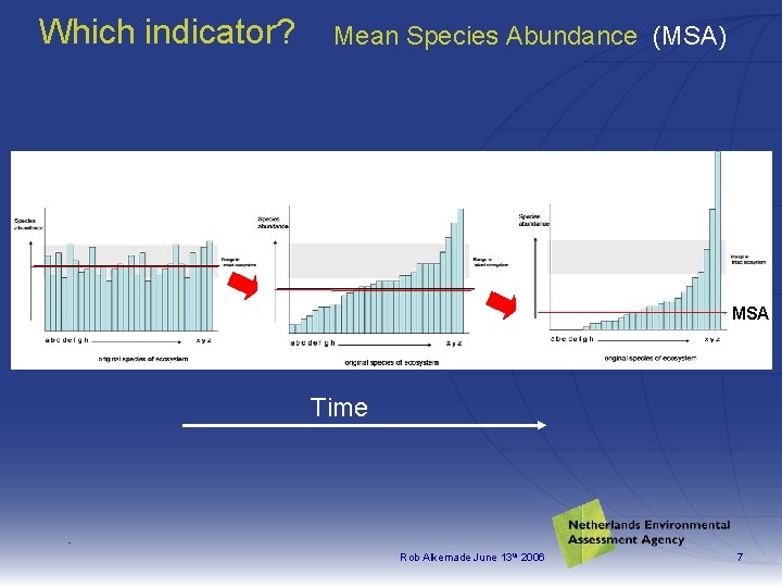 Which indicator? Mean Species Abundance (MSA) MSA Time Rob Alkemade June 13 th 2006