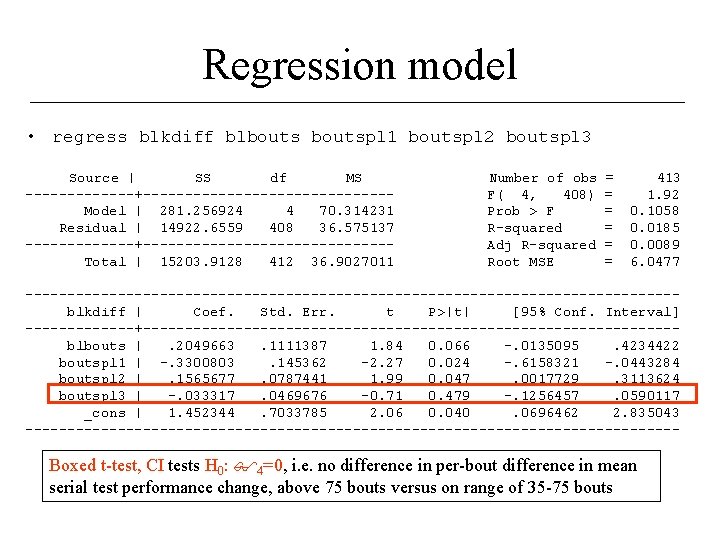 Regression model • regress blkdiff blboutspl 1 boutspl 2 boutspl 3 Source | SS