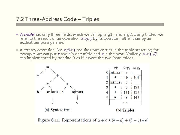 7. 2 Three-Address Code – Triples § A triple has only three fields, which