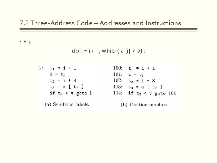 7. 2 Three-Address Code – Addresses and Instructions § E. g. do i =