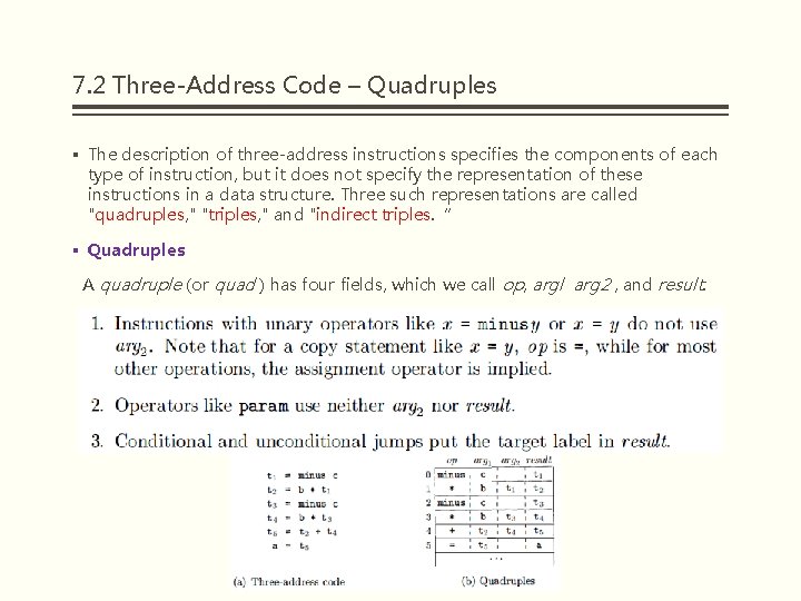 7. 2 Three-Address Code – Quadruples § The description of three-address instructions specifies the