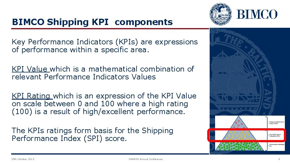 BIMCO Shipping KPI components Key Performance Indicators (KPIs) are expressions of performance within a