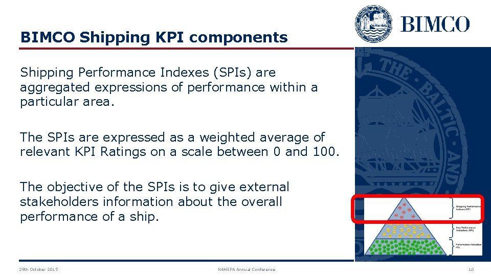 BIMCO Shipping KPI components Shipping Performance Indexes (SPIs) are aggregated expressions of performance within