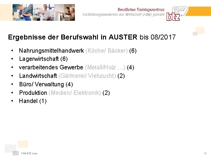 Ergebnisse der Berufswahl in AUSTER bis 08/2017 • • Nahrungsmittelhandwerk (Köche/ Bäcker) (6) Lagerwirtschaft