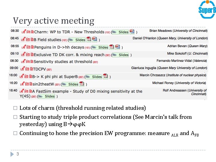 Very active meeting � Lots of charm (threshold running related studies) � Starting to