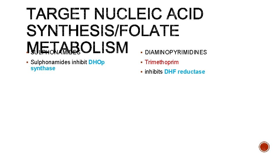 § SULPHONAMIDES § DIAMINOPYRIMIDINES § Sulphonamides inhibit DHOp § Trimethoprim synthase § inhibits DHF