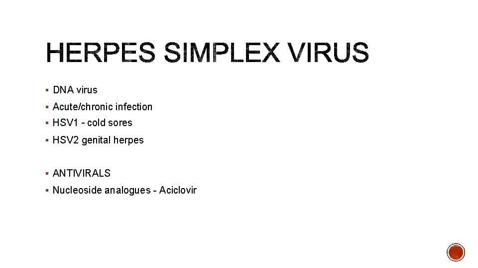 § DNA virus § Acute/chronic infection § HSV 1 – cold sores § HSV