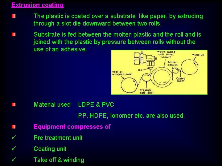 Extrusion coating The plastic is coated over a substrate like paper, by extruding through