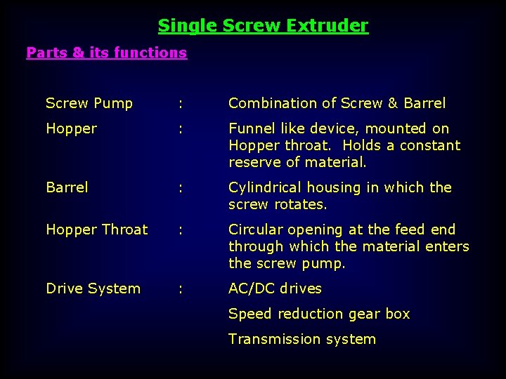 Single Screw Extruder Parts & its functions Screw Pump : Combination of Screw &