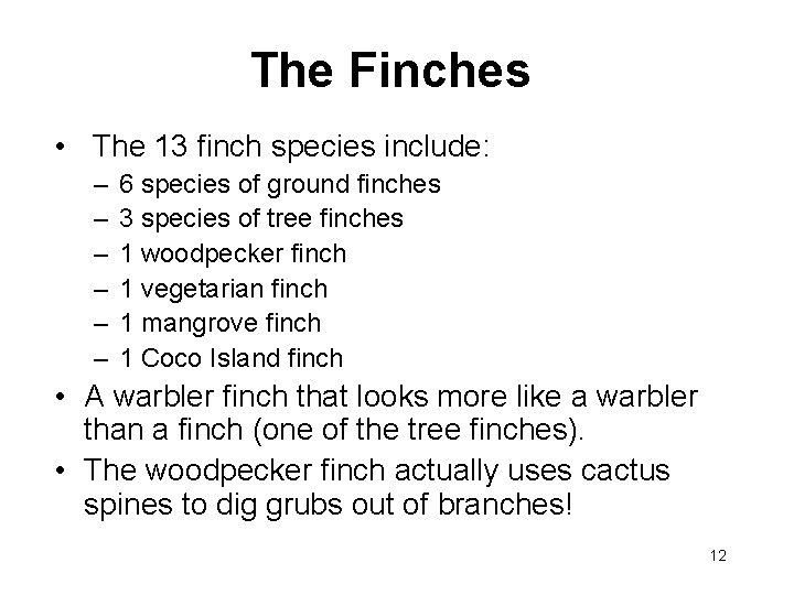 The Finches • The 13 finch species include: – – – 6 species of