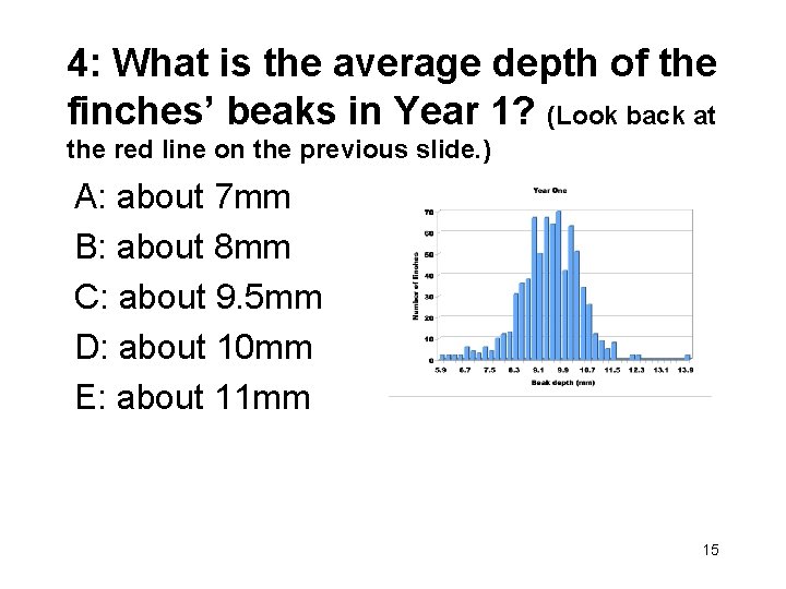 4: What is the average depth of the finches’ beaks in Year 1? (Look