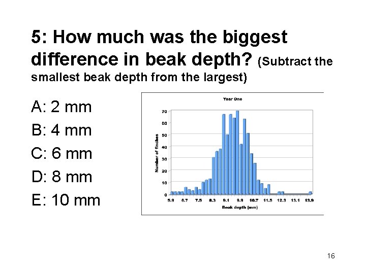 5: How much was the biggest difference in beak depth? (Subtract the smallest beak