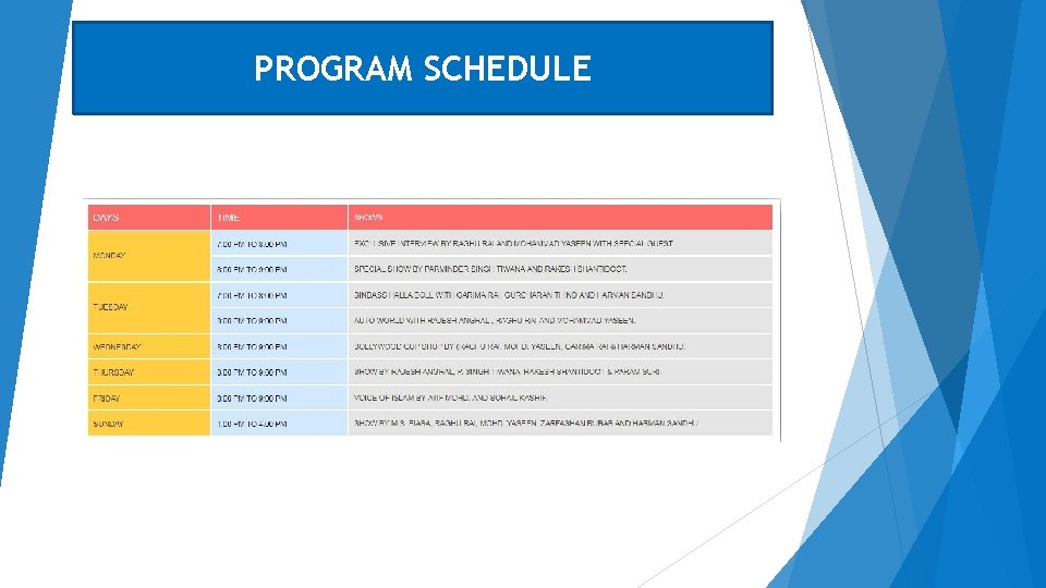 PROGRAM SCHEDULE 