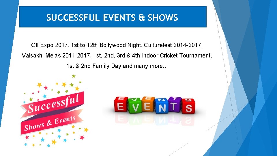 SUCCESSFUL EVENTS & SHOWS CII Expo 2017, 1 st to 12 th Bollywood Night,