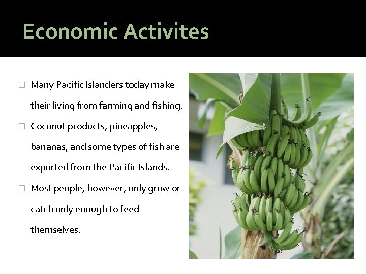 Economic Activites � Many Pacific Islanders today make their living from farming and fishing.