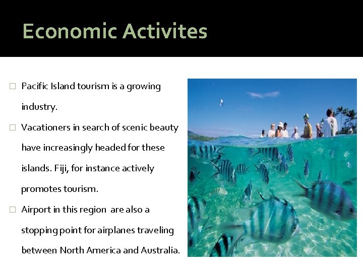 Economic Activites � Pacific Island tourism is a growing industry. � Vacationers in search