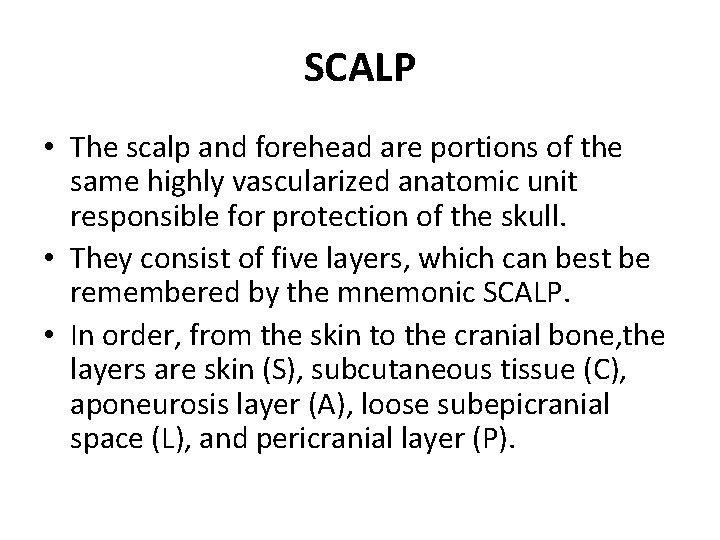 SCALP • The scalp and forehead are portions of the same highly vascularized anatomic