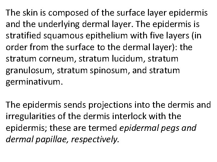 The skin is composed of the surface layer epidermis and the underlying dermal layer.