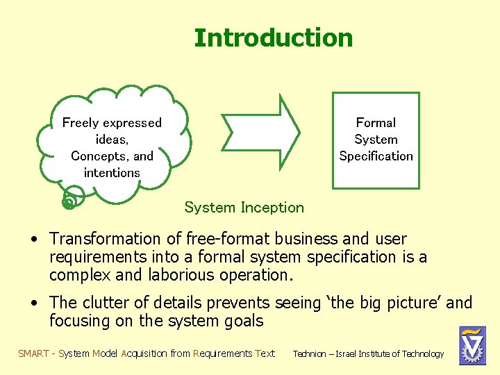 Introduction Freely expressed ideas, Concepts, and intentions Formal System Specification System Inception • Transformation Introduction Freely expressed ideas, Concepts, and intentions Formal System Specification System Inception • Transformation