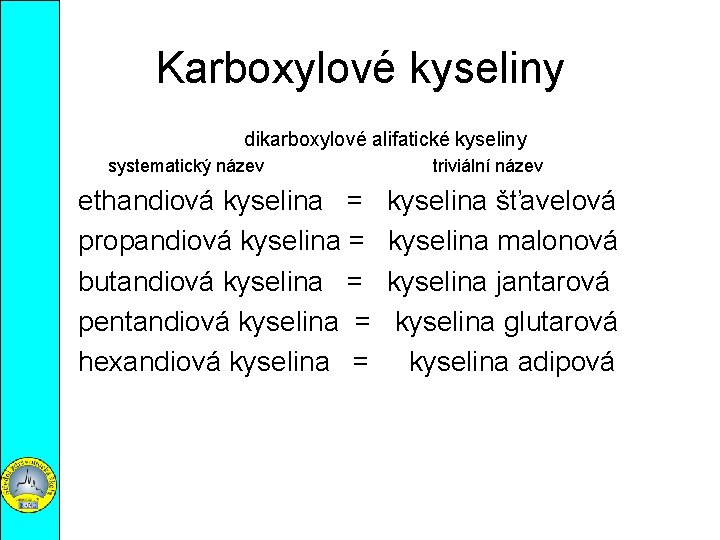 Karboxylové kyseliny dikarboxylové alifatické kyseliny systematický název ethandiová kyselina = propandiová kyselina = butandiová