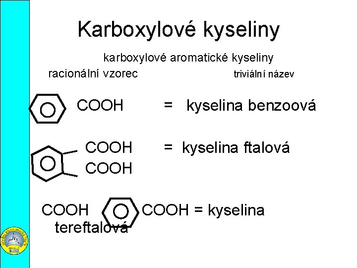 Karboxylové kyseliny karboxylové aromatické kyseliny racionální vzorec triviální název COOH = kyselina benzoová =