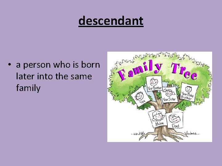 descendant • a person who is born later into the same family 