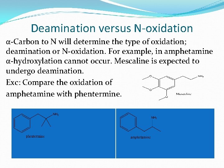 Deamination versus N-oxidation α-Carbon to N will determine the type of oxidation; deamination or