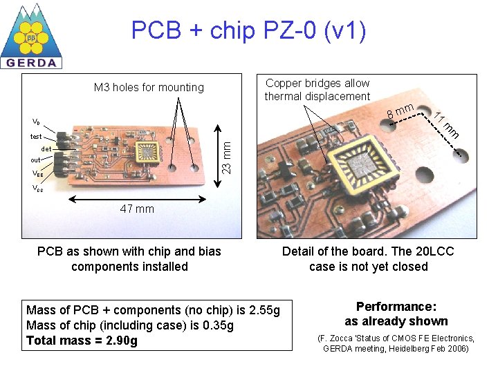 PCB + chip PZ-0 (v 1) Copper bridges allow thermal displacement M 3 holes