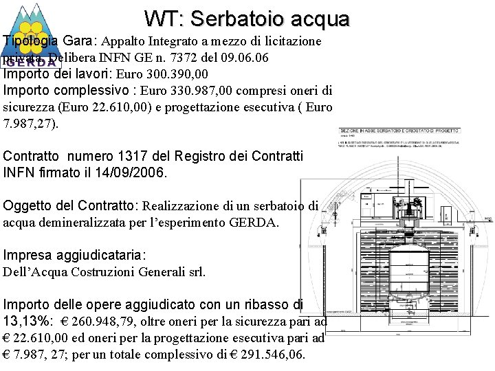 WT: Serbatoio acqua Tipologia Gara: Appalto Integrato a mezzo di licitazione privata. Delibera INFN