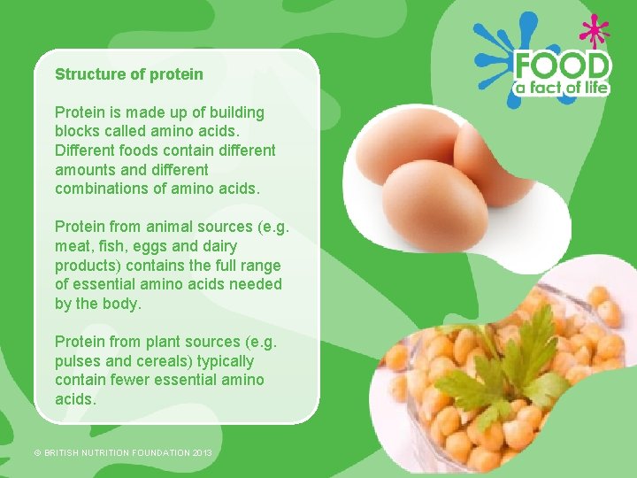 Structure of protein Protein is made up of building blocks called amino acids. Different