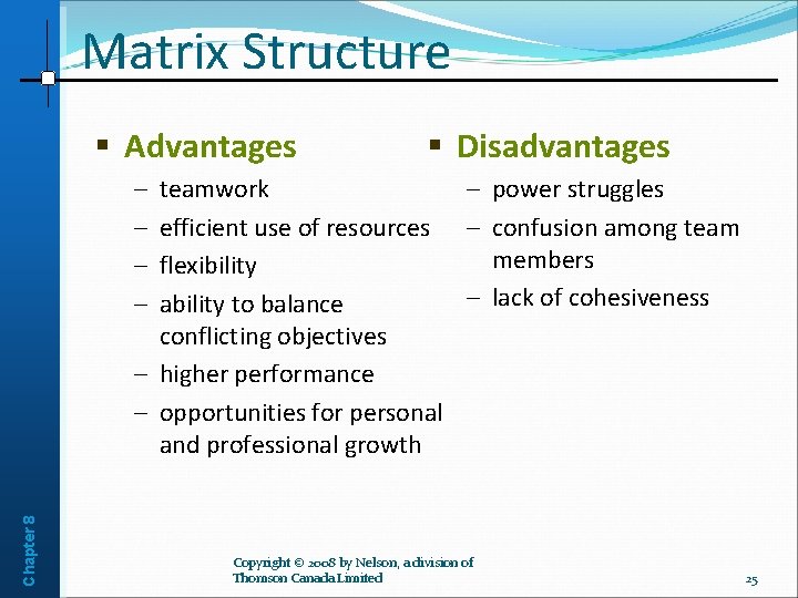 Matrix Structure § Advantages § Disadvantages teamwork – power struggles efficient use of resources