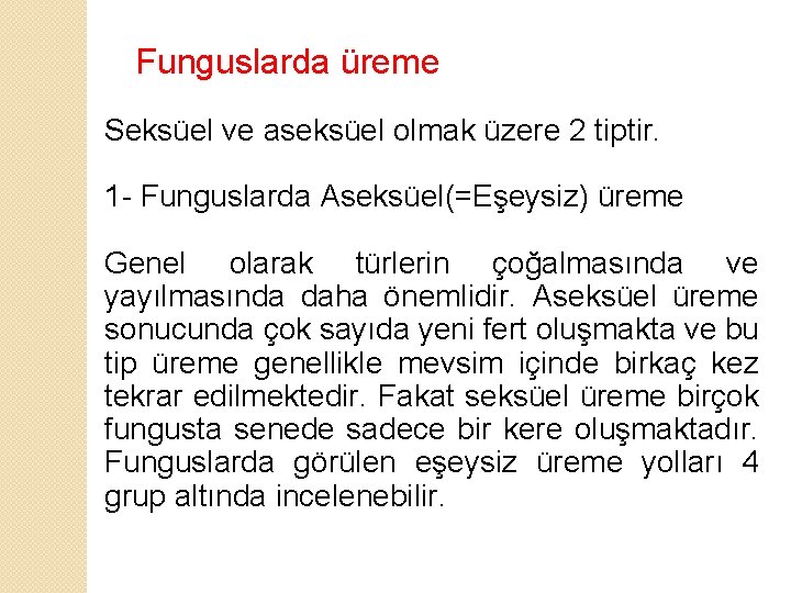 Funguslarda üreme Seksüel ve aseksüel olmak üzere 2 tiptir. 1 - Funguslarda Aseksüel(=Eşeysiz) üreme