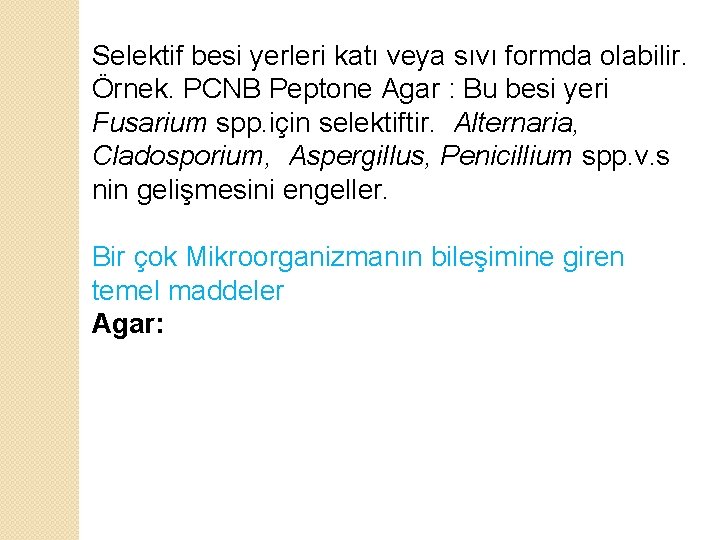 Selektif besi yerleri katı veya sıvı formda olabilir. Örnek. PCNB Peptone Agar : Bu